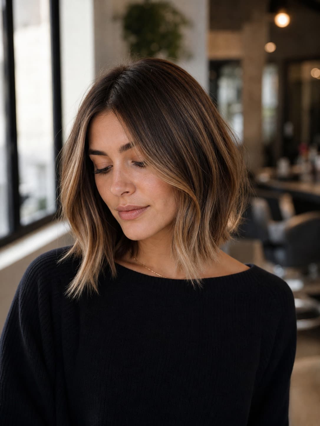Woman with warm balayage hair