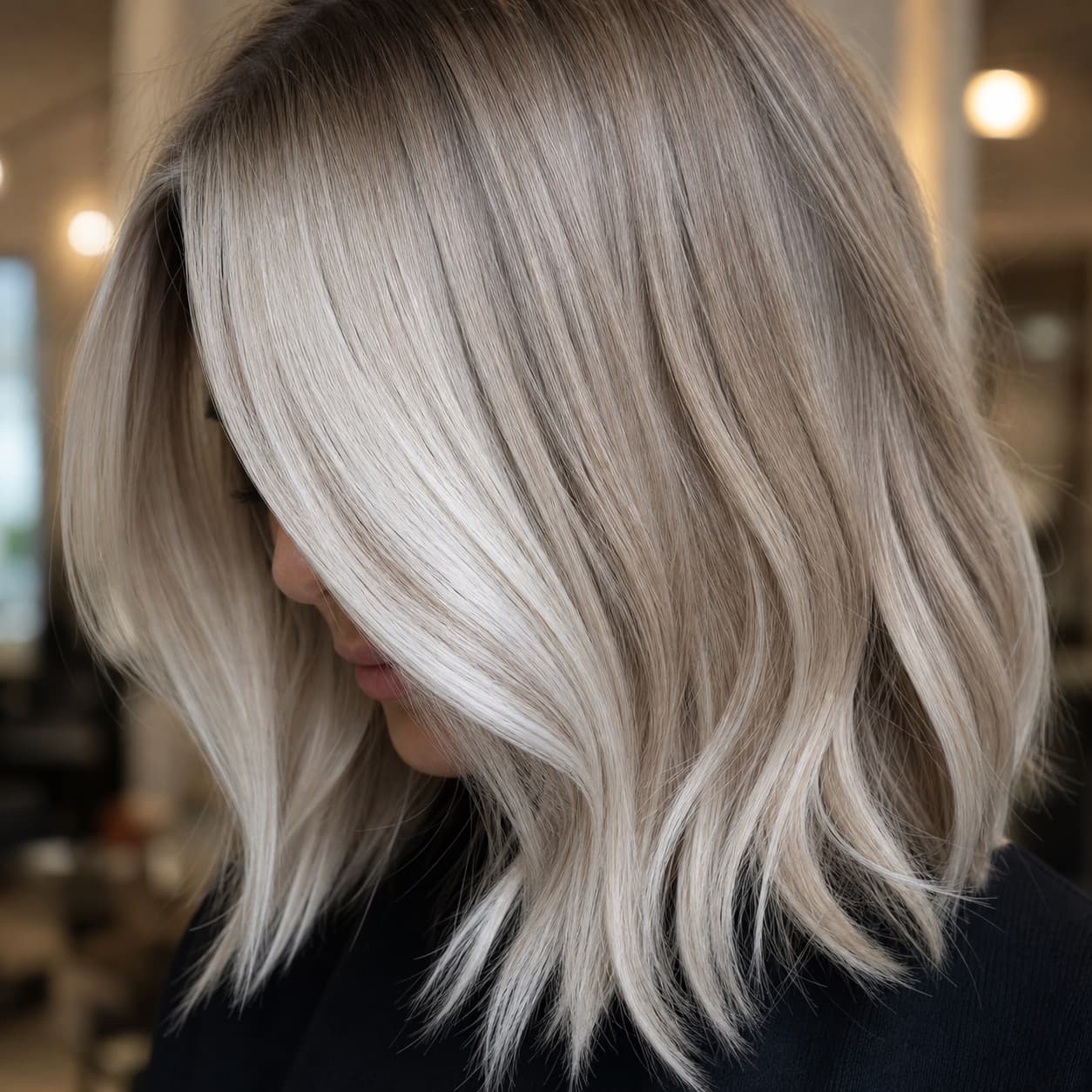 Close-up of platinum blonde hair color