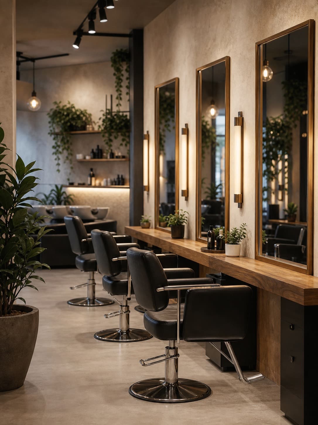 Warm minimalist salon interior with mirrors and plants