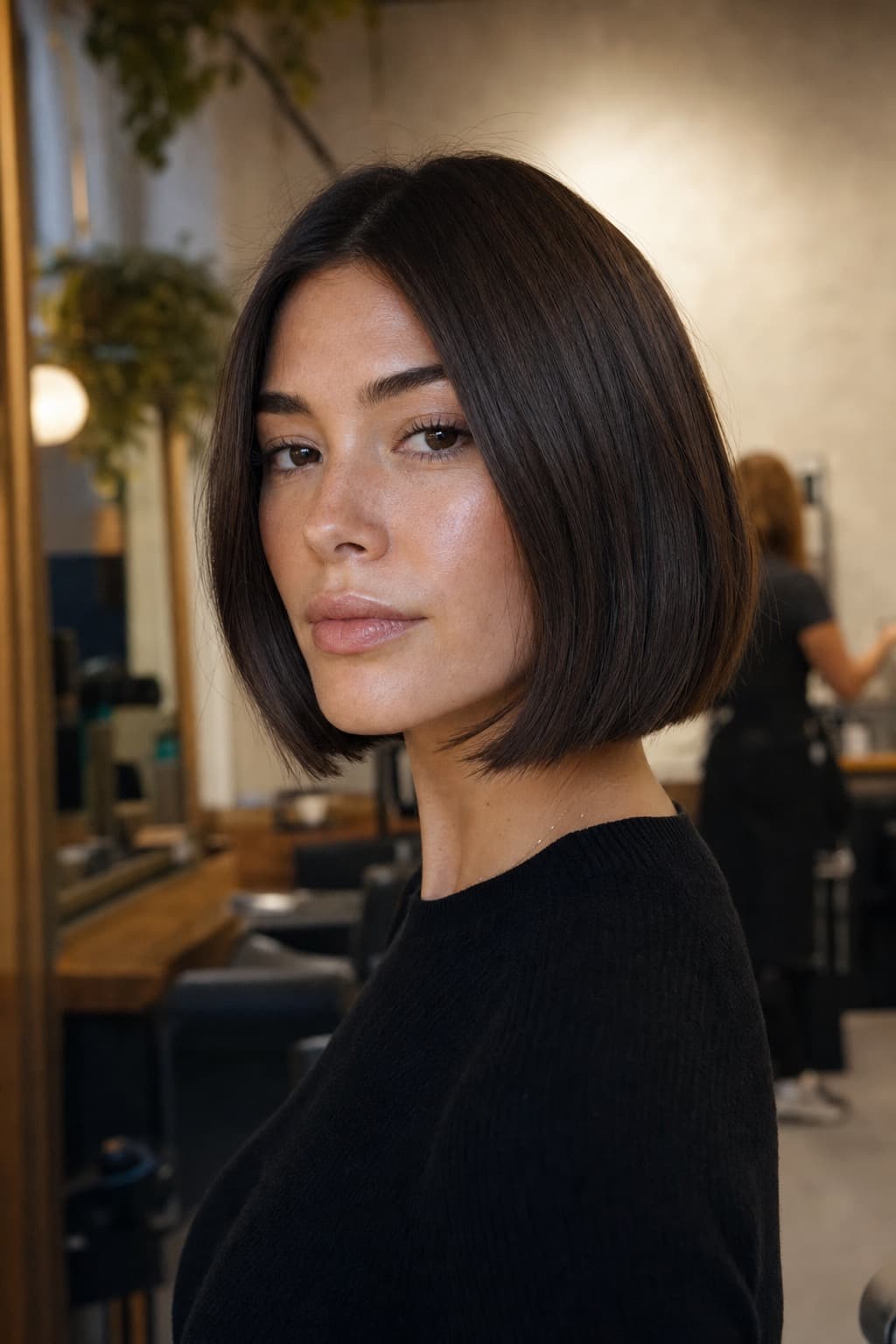 Close-up portrait of woman with sleek bob haircut